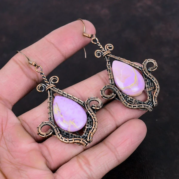 Phosphosiderite Pear Purple Handmade Copper Wire Wrapped Earrings