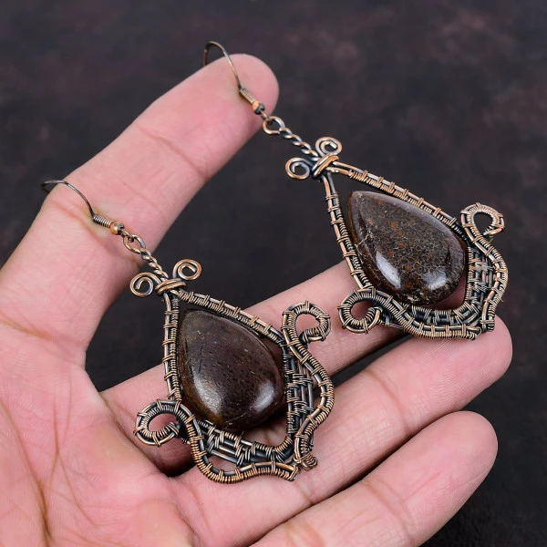 Dinosaur Bone Pear Brown Handmade Copper Wire Wrapped Earrings