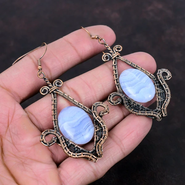 Blue Lace Agate Oval Blue Handmade Copper Wire Wrapped Earrings