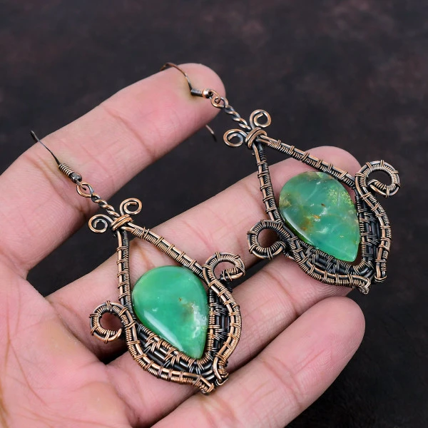 Chrysoprase Pear Green Handmade Copper Wire Wrapped Earrings