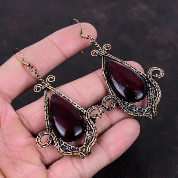 Red Fire Labradorite Pear Red Handmade Copper Wire Wrapped Earrings