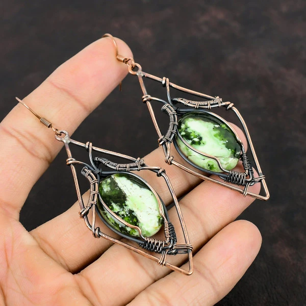 Australian Chrome Chalcedony Oval Green Handmade Copper Wire Wrapped Earrings