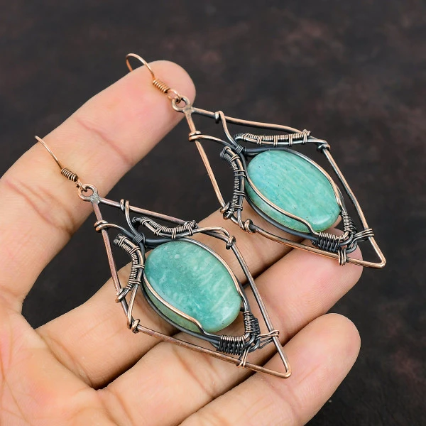 Amazonite Oval Green Handmade Copper Wire Wrapped Earrings