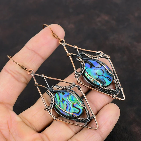 Abalone Shell Oval Green Handmade Copper Wire Wrapped Earrings