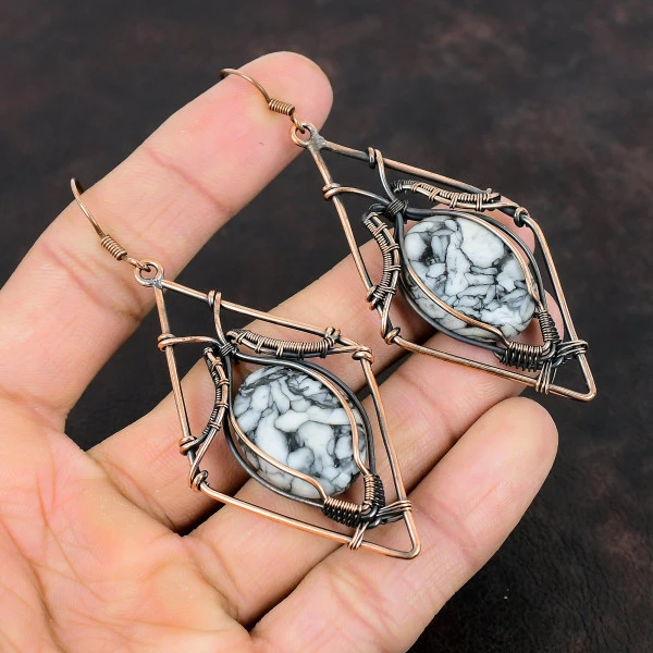Pinolith Jasper Oval White Handmade Copper Wire Wrapped Earrings