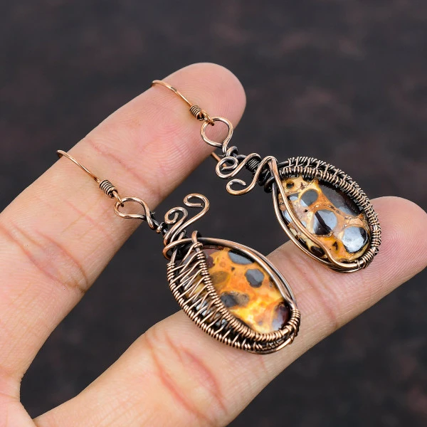 Bauxite Oval Red Handmade Copper Wire Wrapped Earrings