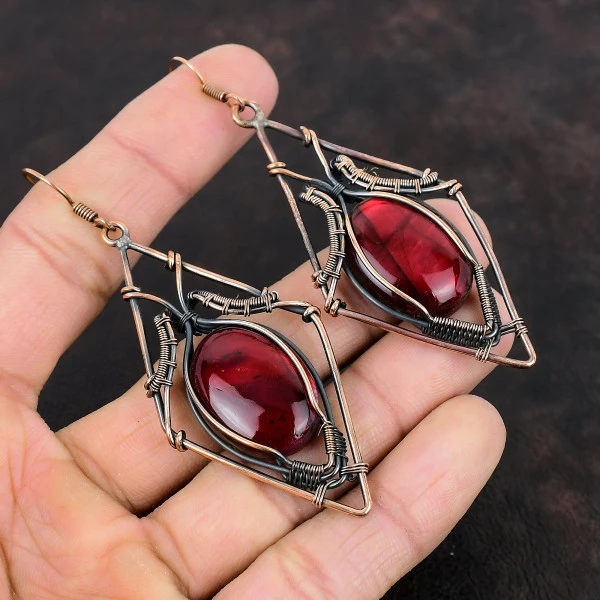 Red Fire Labradorite Oval Red Handmade Copper Wire Wrapped Earrings
