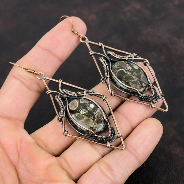 Turritella Agate Oval Brown Handmade Copper Wire Wrapped Earrings