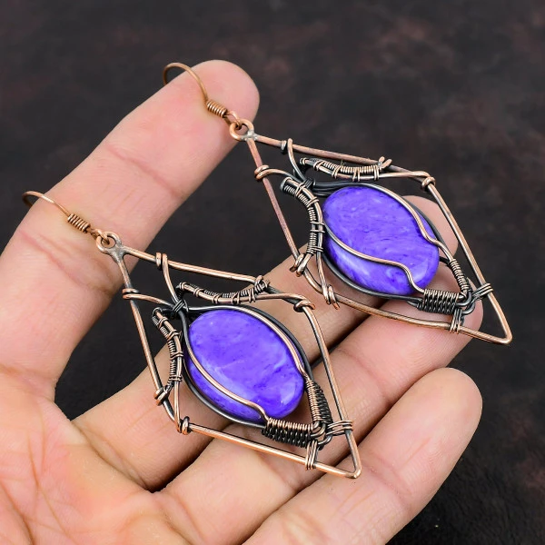 Charoite Oval Purple Handmade Copper Wire Wrapped Earrings