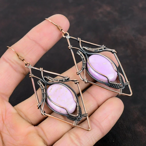 Phosphosiderite Oval Purple Handmade Copper Wire Wrapped Earrings