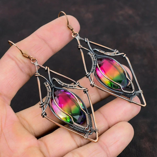 Multi Tourmaline Oval Pink Handmade Copper Wire Wrapped Earrings