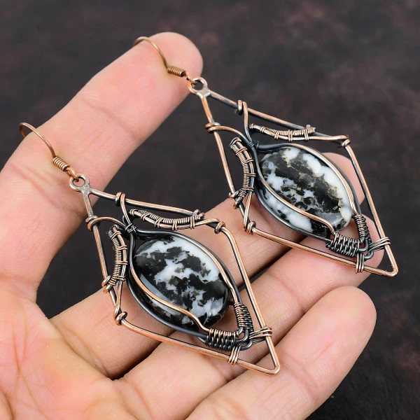 White Buffalo Turquoise Oval Black Handmade Copper Wire Wrapped Earrings