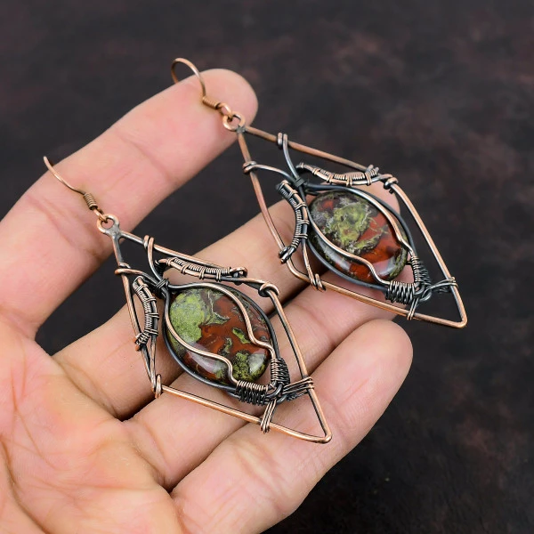 Dragon Bloodstone Oval Green Handmade Copper Wire Wrapped Earrings