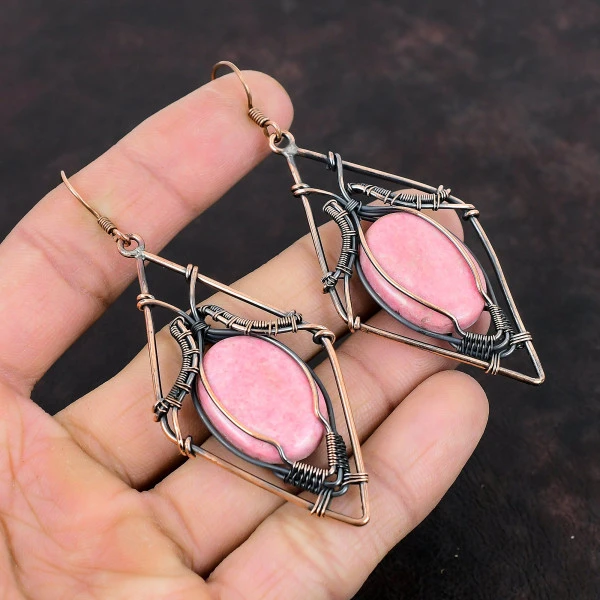 Thulite Oval Pink Handmade Copper Wire Wrapped Earrings