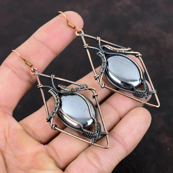 Shungite Oval Black Handmade Copper Wire Wrapped Earrings