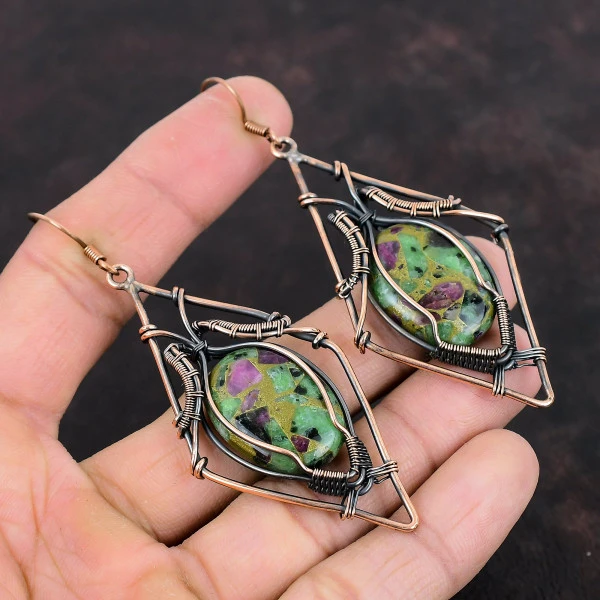 Copper Ruby Zoisite Oval Green Handmade Copper Wire Wrapped Earrings