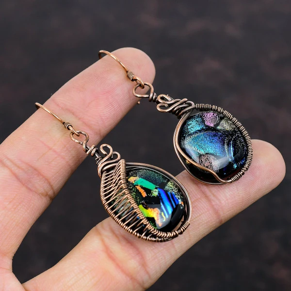 American Dichroic Glass Cushion Black Handmade Copper Wire Wrapped Earrings