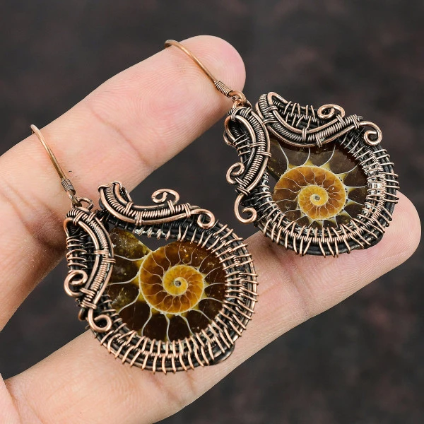 Ammonite Fossil Pear Brown Handmade Copper Wire Wrapped Earrings