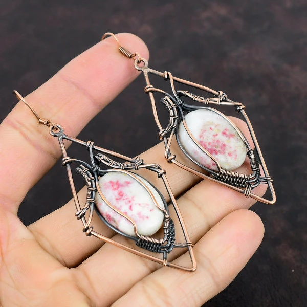 Cinnabar Oval White Handmade Copper Wire Wrapped Earrings
