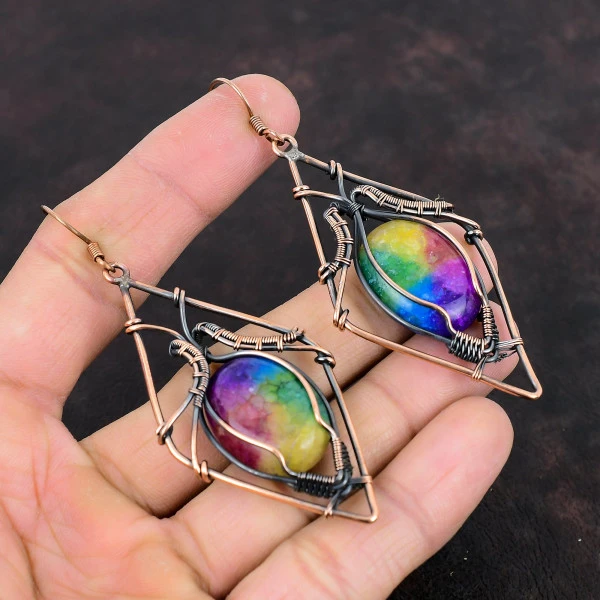 Rainbow Solar Quartz Druzy Oval Purple Handmade Copper Wire Wrapped Earrings