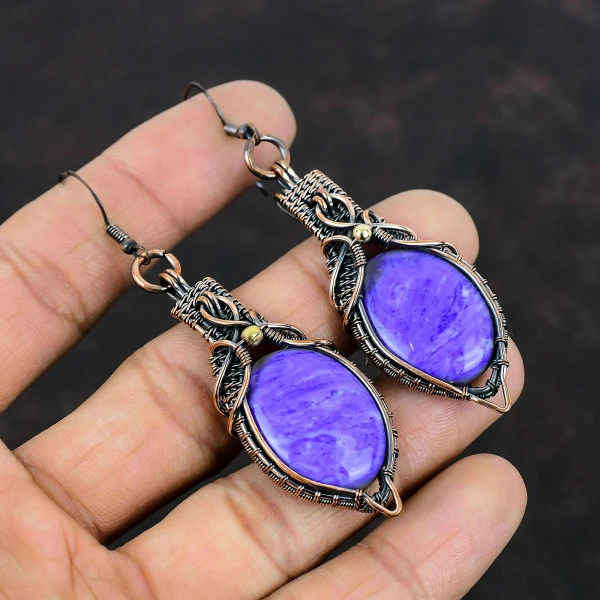 Charoite Oval Purple Handmade Copper Wire Wrapped Earrings