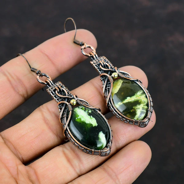 Australian Chrome Chalcedony Oval Green Handmade Copper Wire Wrapped Earrings