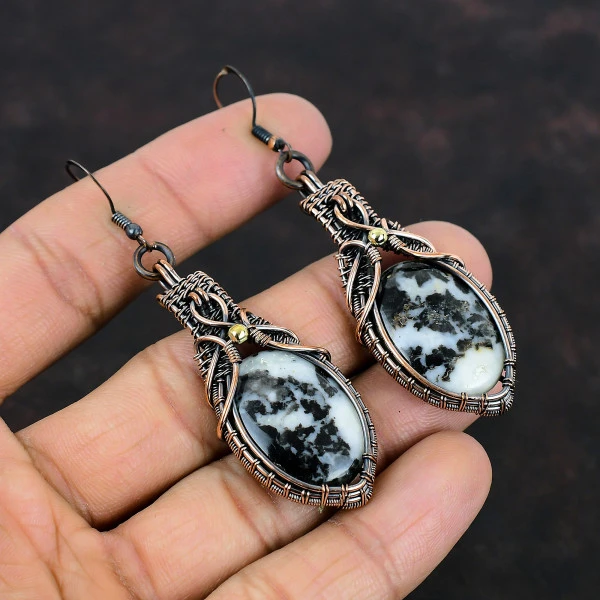 White Buffalo Turquoise Oval Black Handmade Copper Wire Wrapped Earrings