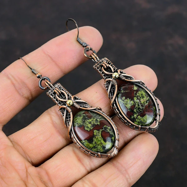 Dragon Bloodstone Oval Green Handmade Copper Wire Wrapped Earrings