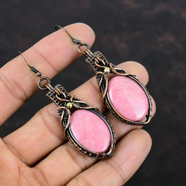 Thulite Oval Pink Handmade Copper Wire Wrapped Earrings