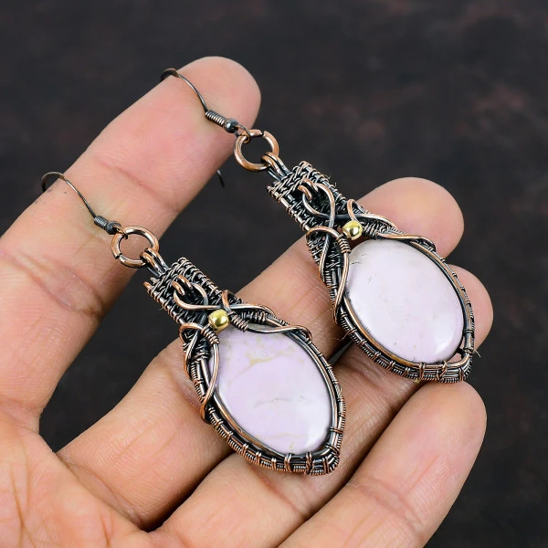 Phosphosiderite Oval Purple Handmade Copper Wire Wrapped Earrings