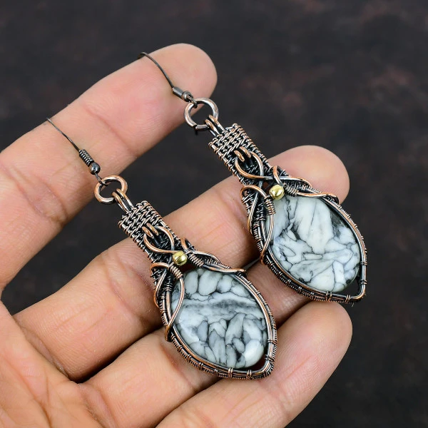 Pinolith Jasper Oval White Handmade Copper Wire Wrapped Earrings
