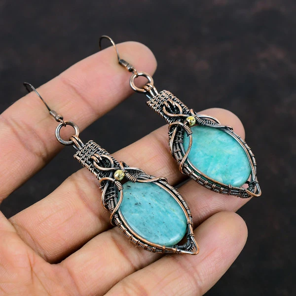 Amazonite Oval Green Handmade Copper Wire Wrapped Earrings