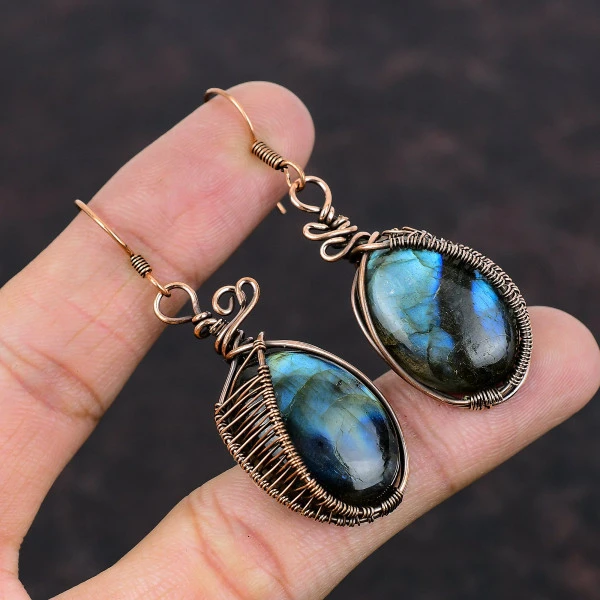 Labradorite Oval Gray Handmade Copper Wire Wrapped Earrings
