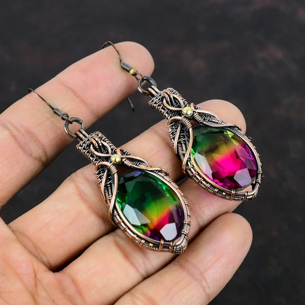 Multi Tourmaline Oval Pink Handmade Copper Wire Wrapped Earrings