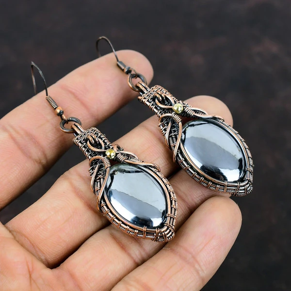 Shungite Oval Gray Handmade Copper Wire Wrapped Earrings