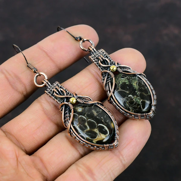 Turritella Agate Oval Brown Handmade Copper Wire Wrapped Earrings
