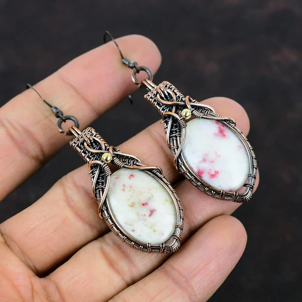 Cinnabar Oval White Handmade Copper Wire Wrapped Earrings