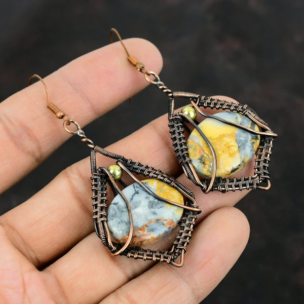 Maligano Jasper Oval Yellow Handmade Copper Wire Wrapped Earrings