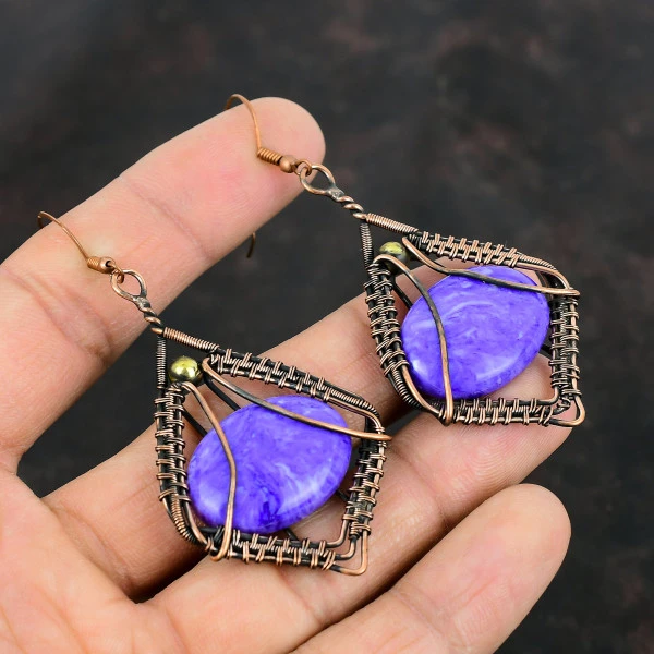 Charoite Oval Purple Handmade Copper Wire Wrapped Earrings