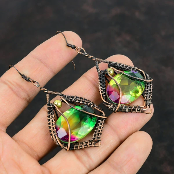 Multi Tourmaline Oval Yellow Handmade Copper Wire Wrapped Earrings