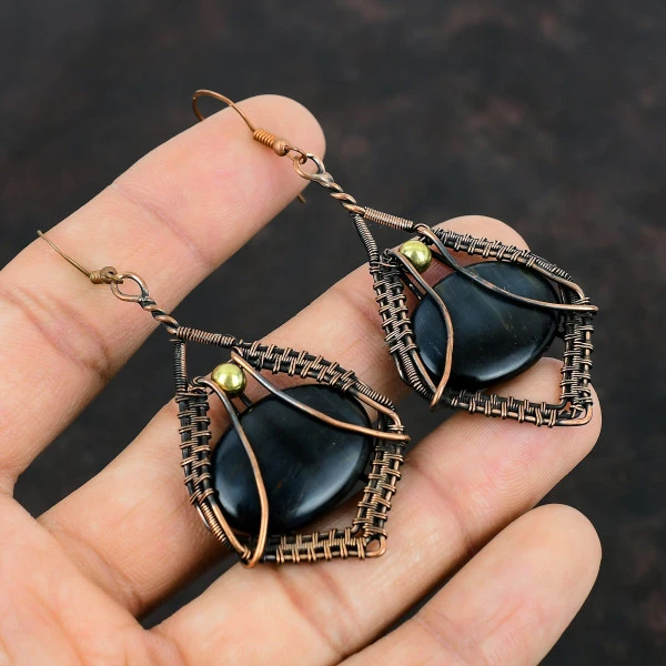 Pietersite Oval Black Handmade Copper Wire Wrapped Earrings