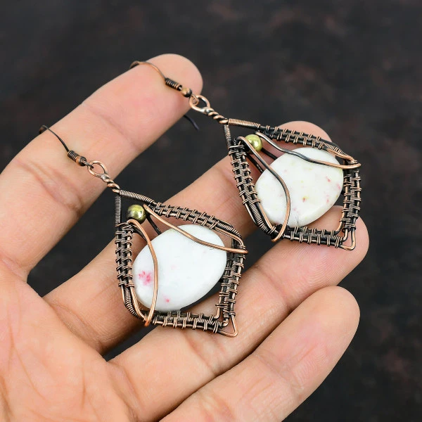 Cinnabar Oval White Handmade Copper Wire Wrapped Earrings