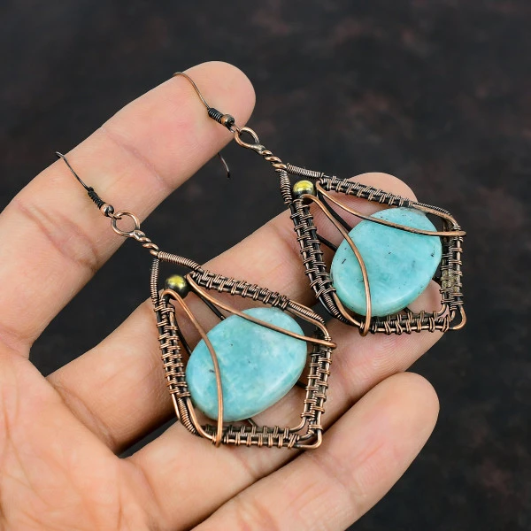 Amazonite Oval Green Handmade Copper Wire Wrapped Earrings