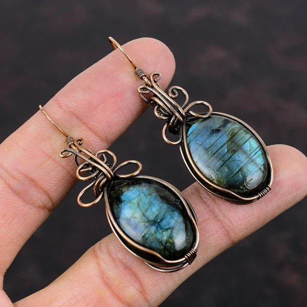 Labradorite Oval Gray Handmade Copper Wire Wrapped Earrings