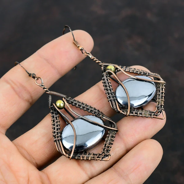 Shungite Oval Black Handmade Copper Wire Wrapped Earrings