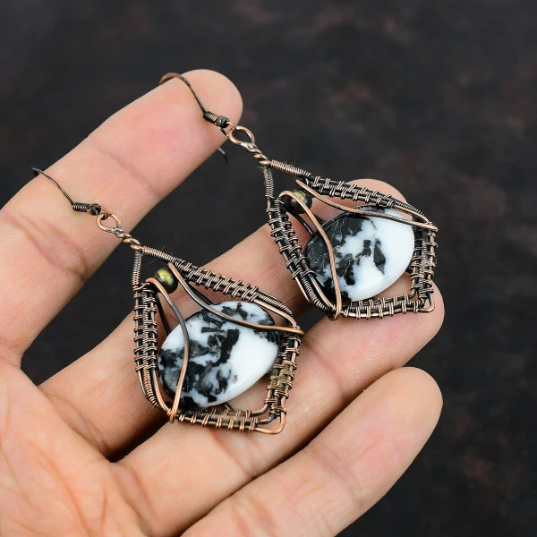 White Buffalo Turquoise Oval White Handmade Copper Wire Wrapped Earrings