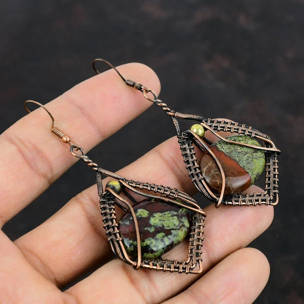 Dragon Bloodstone Oval Green Handmade Copper Wire Wrapped Earrings
