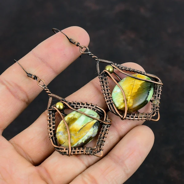 Australian Chrome Chalcedony Oval Green Handmade Copper Wire Wrapped Earrings