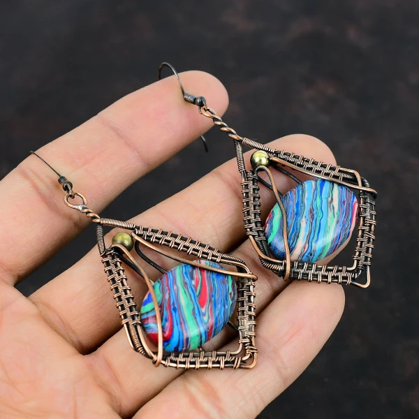 Rainbow Calsilica Oval Blue Handmade Copper Wire Wrapped Earrings