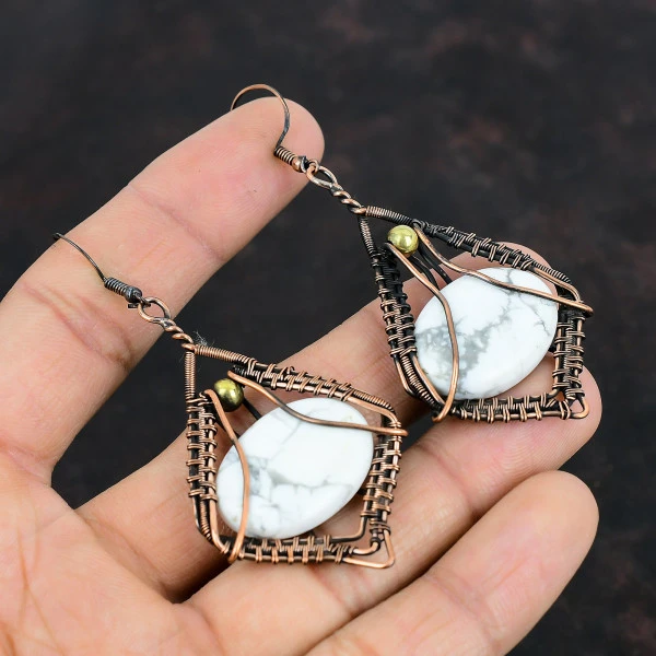 Howlite Oval White Handmade Copper Wire Wrapped Earrings
